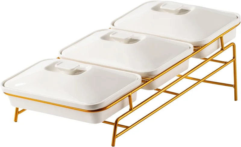 شالو طقم كاسرول بورسلين 3 طبقات مع حامل ذهبي - 30 سم × 3